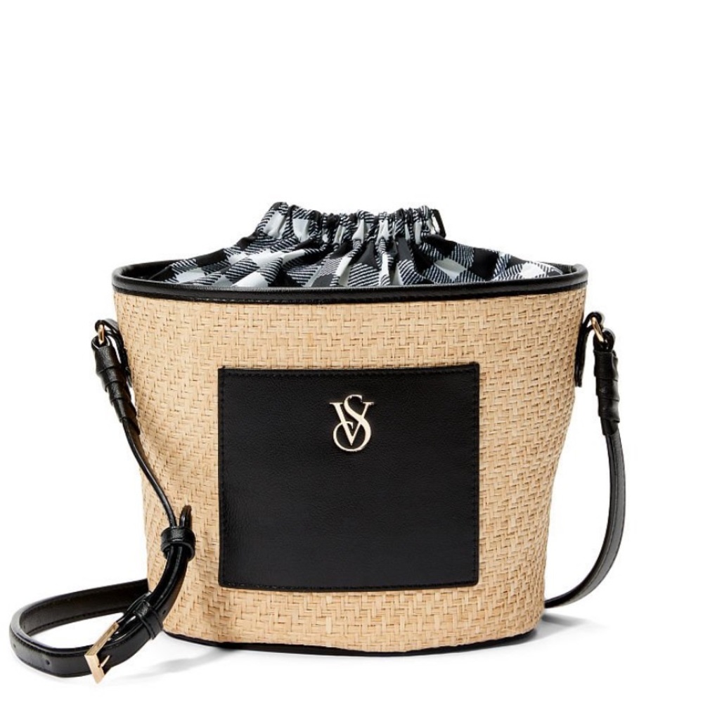 Victoria Secret Raffia straw finish black accent VS Monogram crossbody.